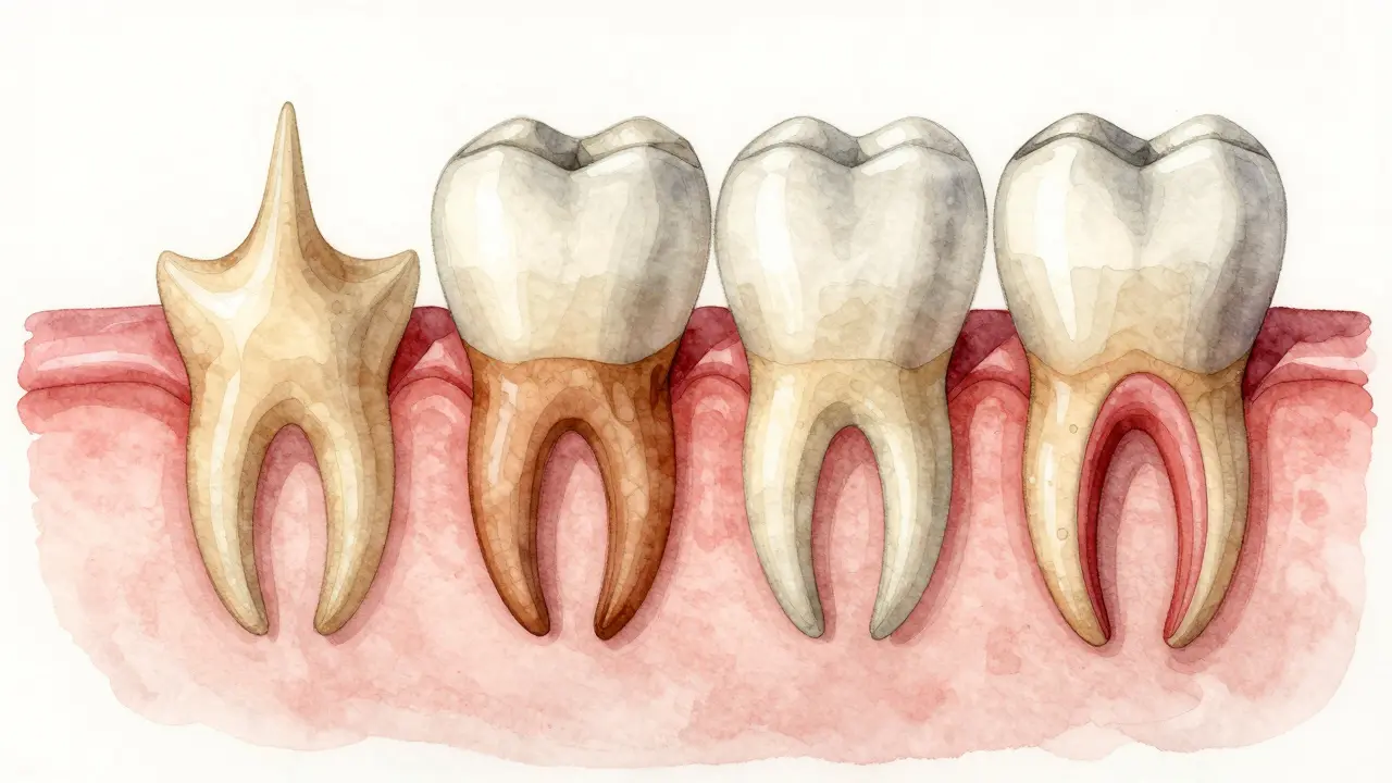 Vodové kresby čtyř typů zubních kořenů s různými tvary a funkcemi.
