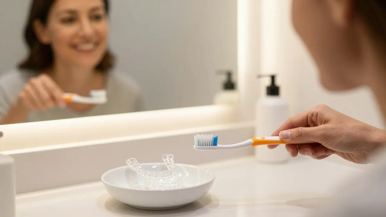 Žena si čistí zuby, průhledné rovnátka leží na misce vedle kartáčku.