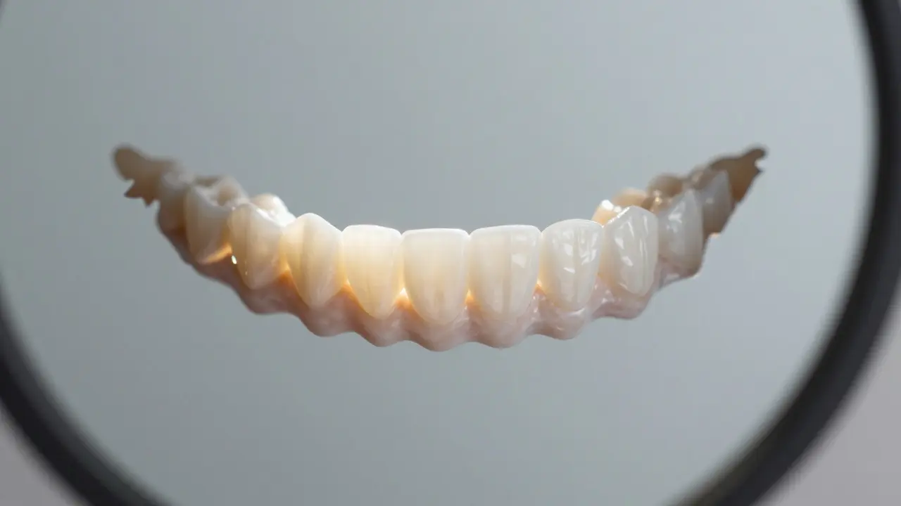 Zrcadlo odrazuje zářivý úsměv s fazetami, zatímco staré nekrásné zuby mizí