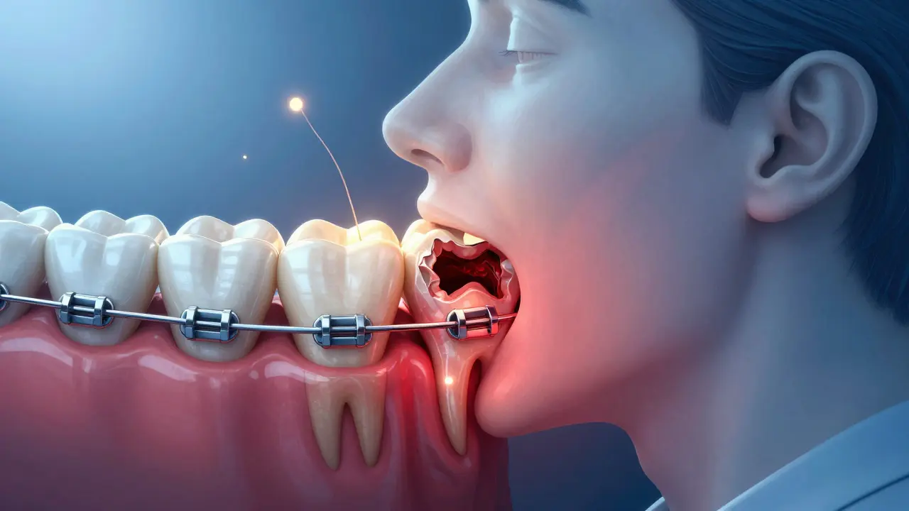 Zub s hlubokým kazem pod rovnátky, s viditelným zánětem a rozšiřující se škodou.