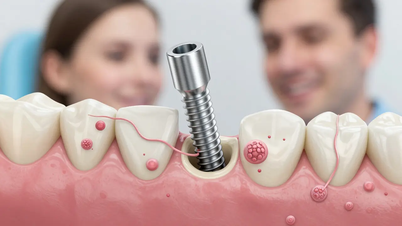 Zubní implantát integrující se do čelistní kosti s viditelnými buňkami hojení.