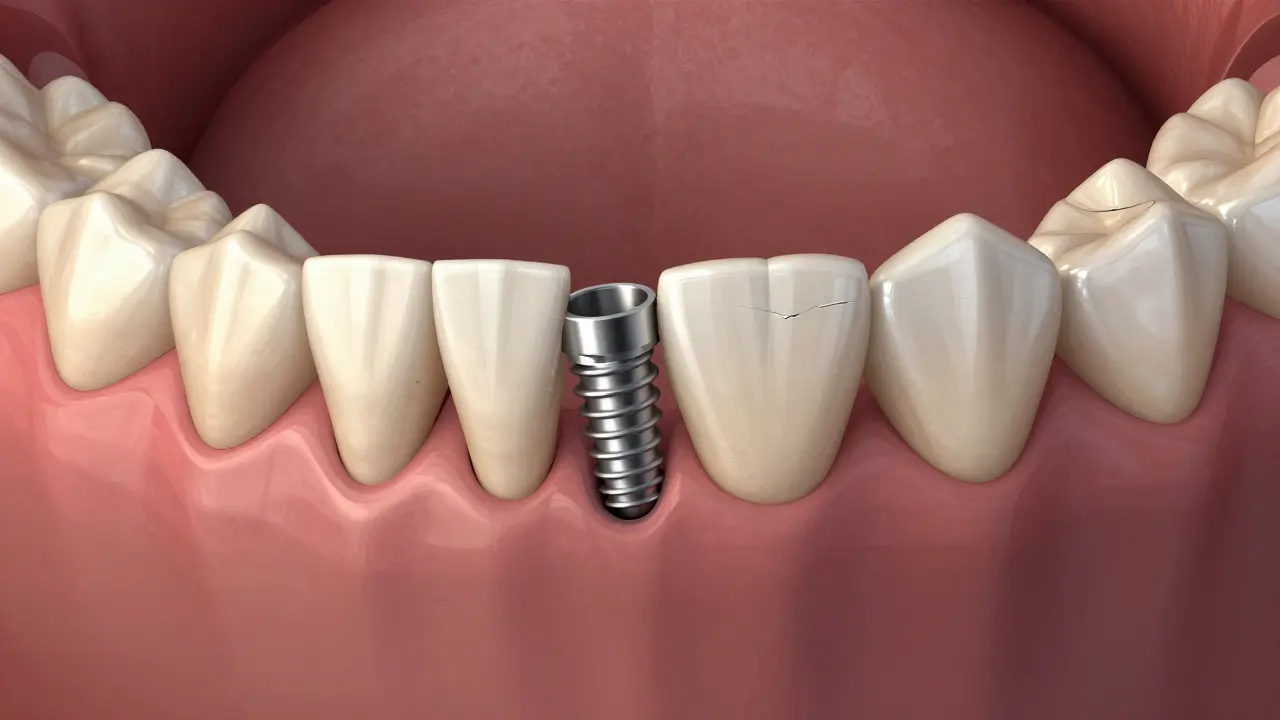 Zubní implantát podporuje regeneraci kosti, zatímco sousední zuby ukazují známky poškození z bruxismu.