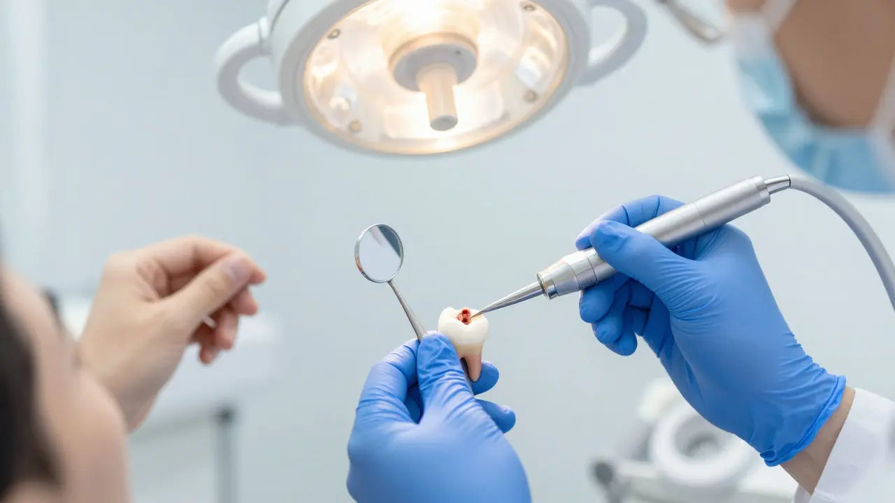 Zubní lékař odstraňuje kaz zubu pomocí vrtáku, pacient drží zrcátko.