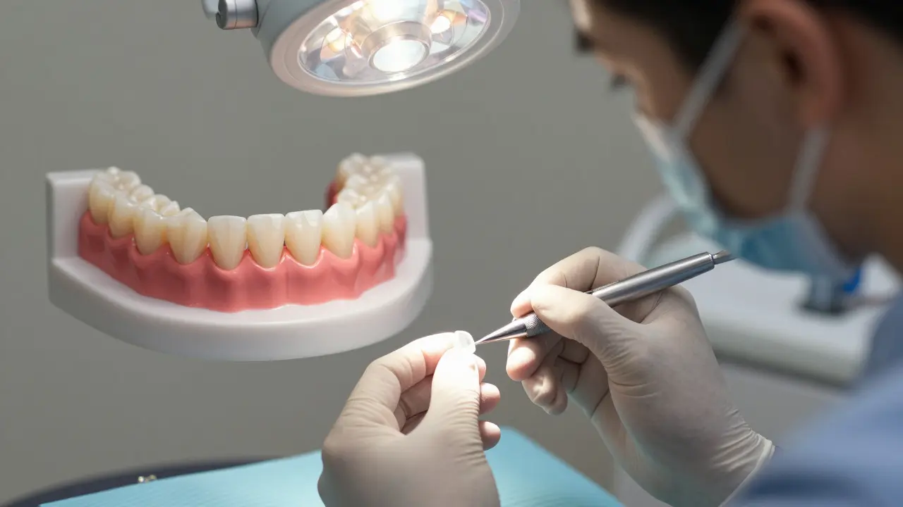 Zubní lékař připevňuje keramickou fazetu na zub