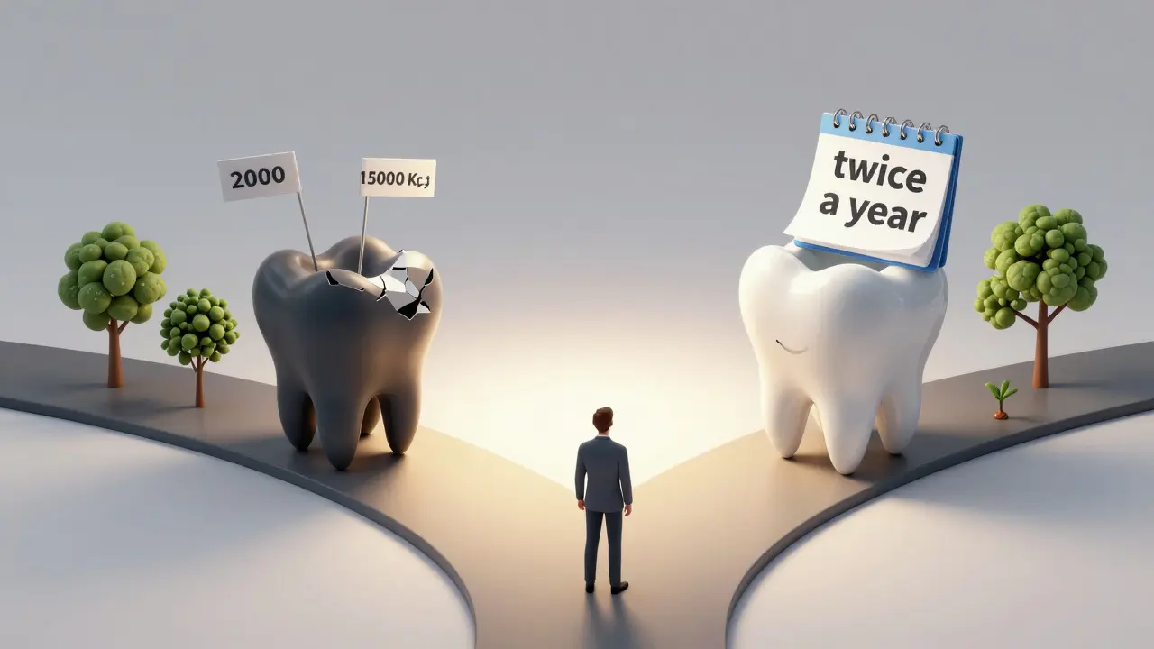 Člověk na křižovatce: jedna cesta vede k drahým léčbám, druhá k zdravému úsměvu a pravidelné hygieně.