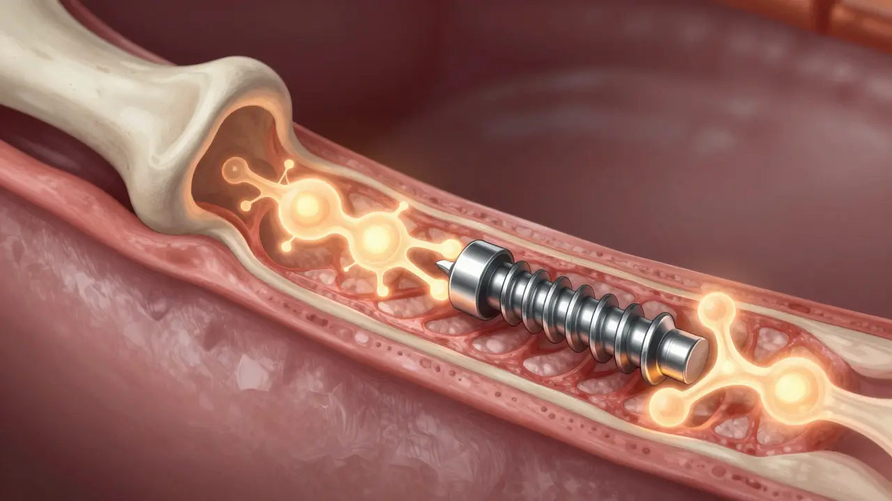 Cross-section showing bone tissue fusing with a titanium dental implant.
