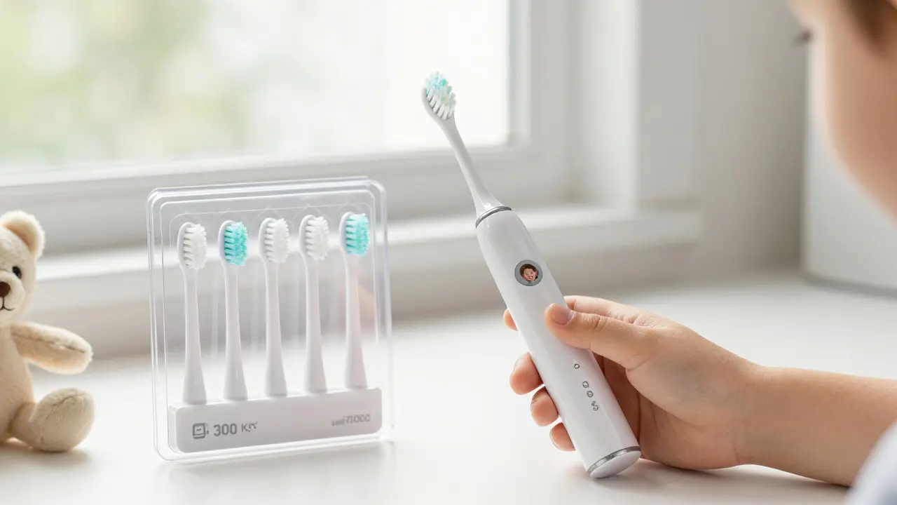 Dětský elektrický kartáček s náhradními hlavičkami v balíčku, magnetická nabíječka a odolný plášť, lehká konstrukce.