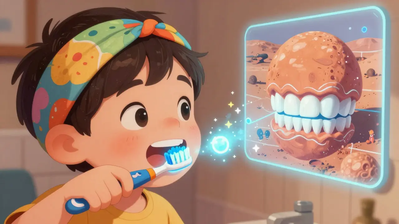 Dítě čistí zuby barevným sonickým kartáčkem, kolem úst se vznášejí hvězdičky.