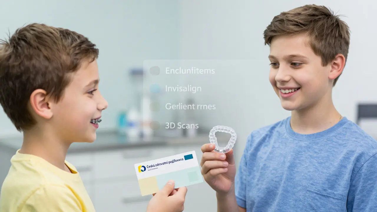 Dítě s rovnátky v jedné části obrazu, stejné dítě s retencí v druhé, s vyšrafovanými výjimkami v pozadí.