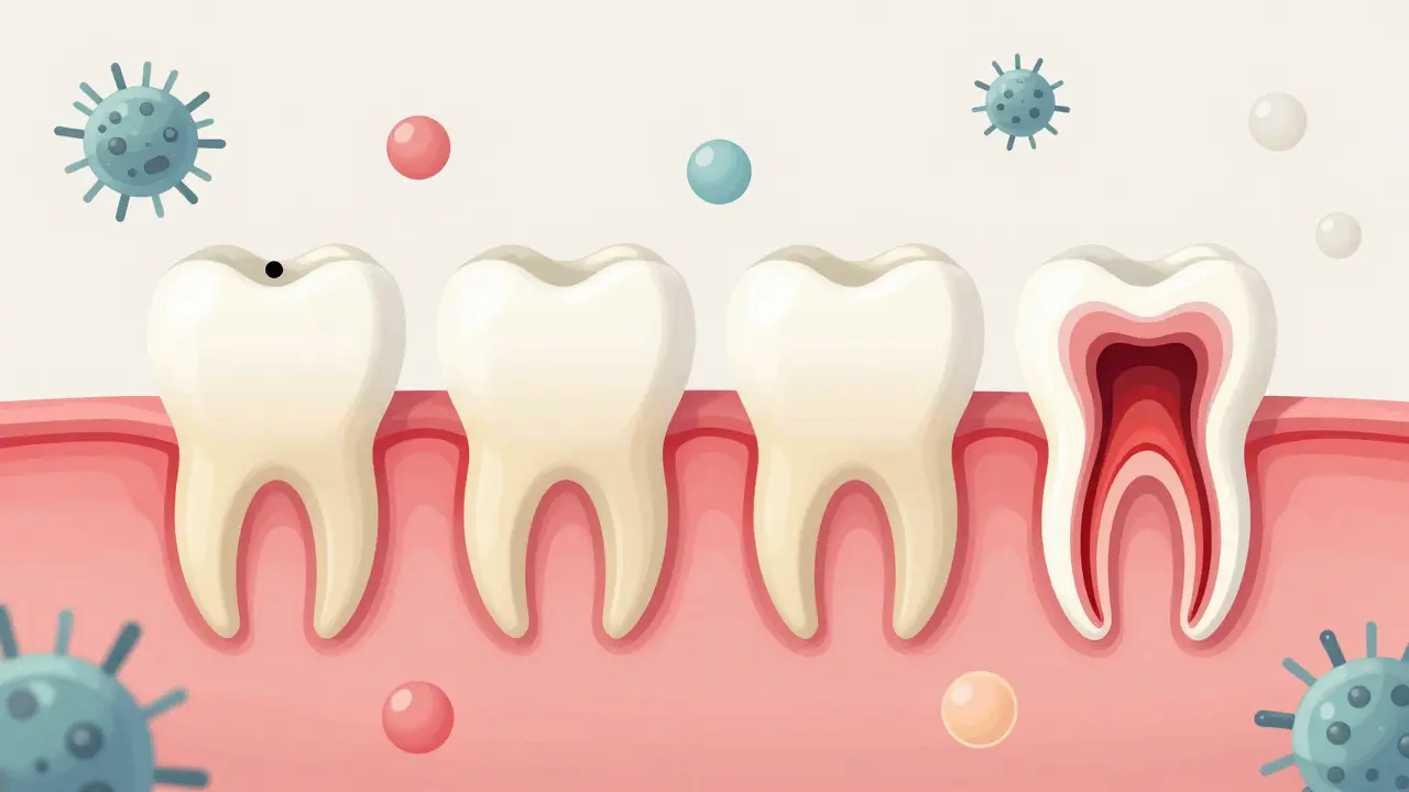 Four stages of tooth decay progressing from enamel to pulp, illustrated in color gradients.