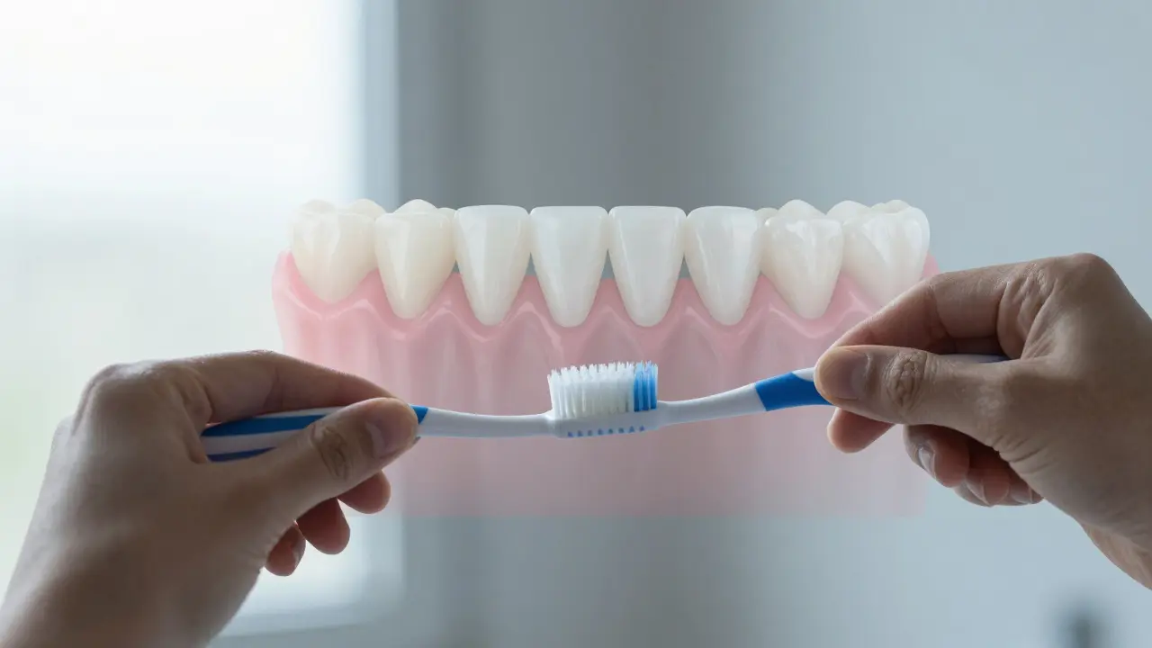 Jemné čištění zubů měkkým kartáčkem s přehledem obnovy kostní tkáně.