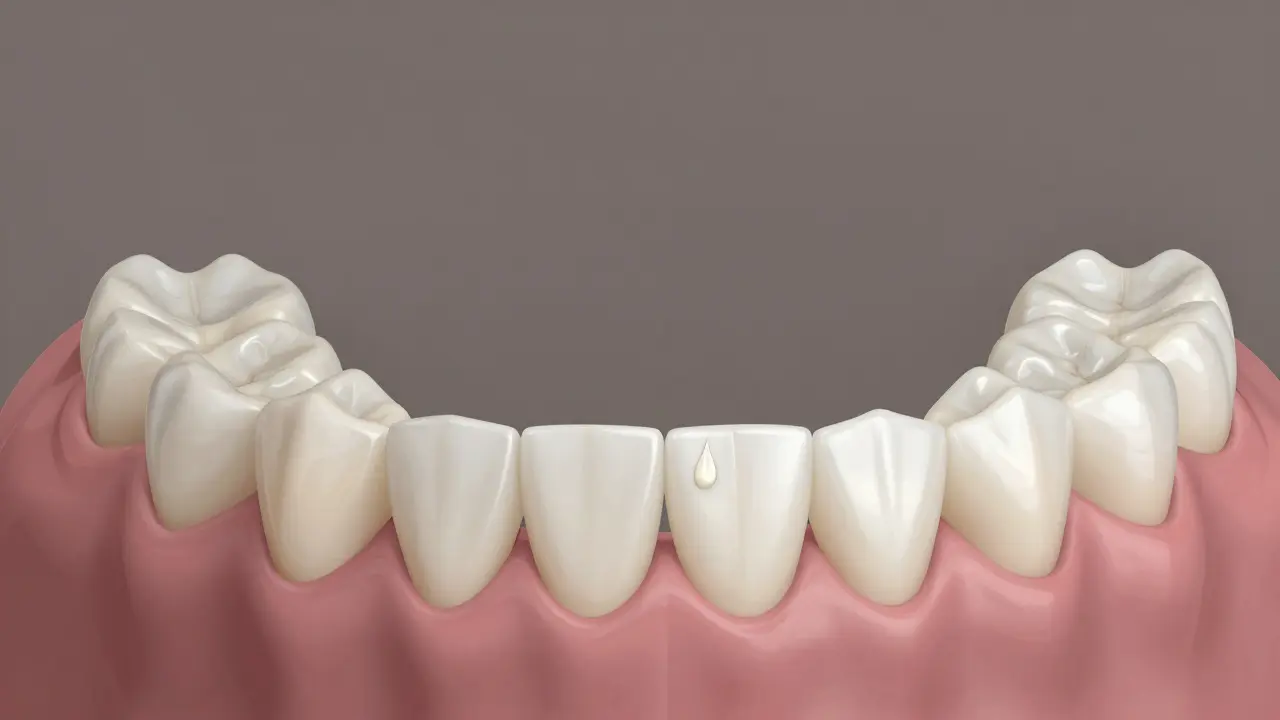 Konceptuální obrázek zdravého a poškozeného kostního tkaniva pod zubní protézou.