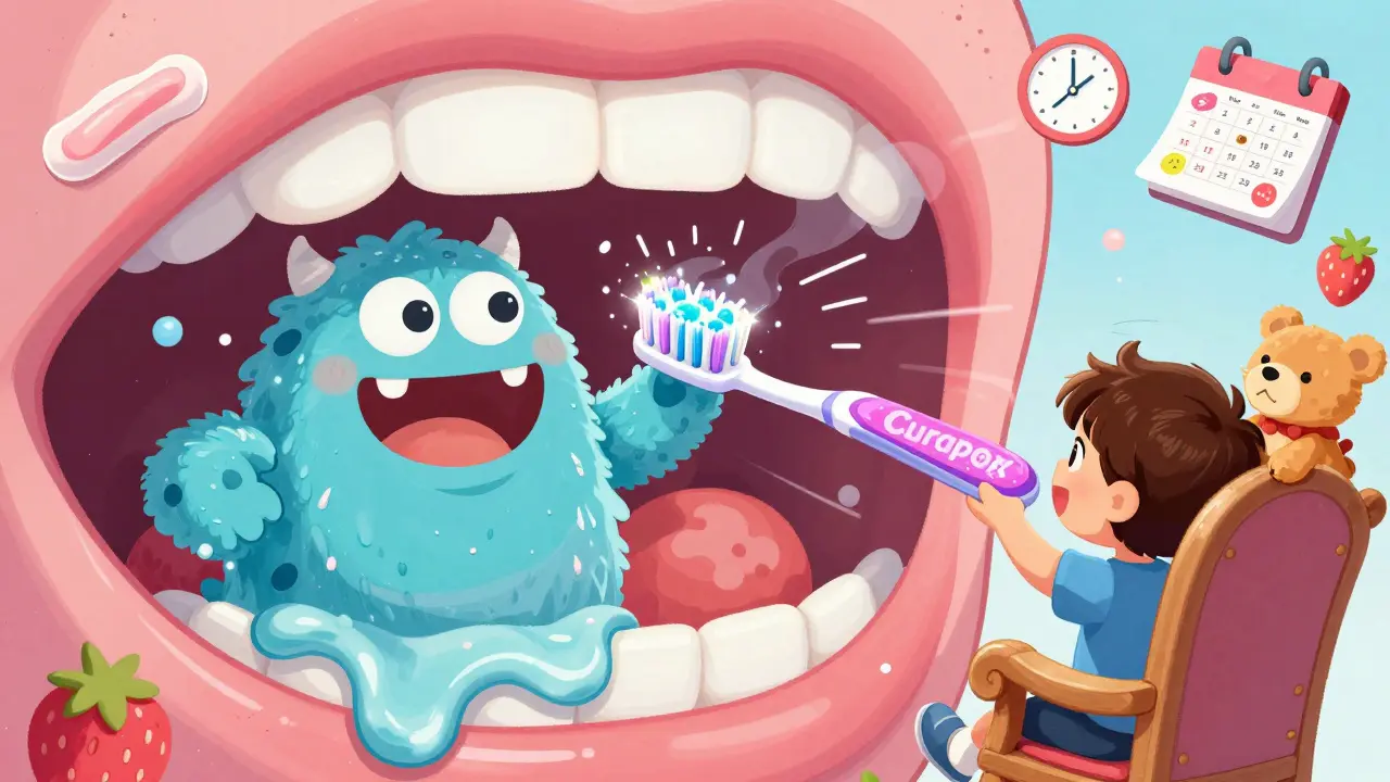 Kreslená scéna: dítě pozoruje superzbraň kartáček, jak bojuje proti kazovému monstřu v ústech.