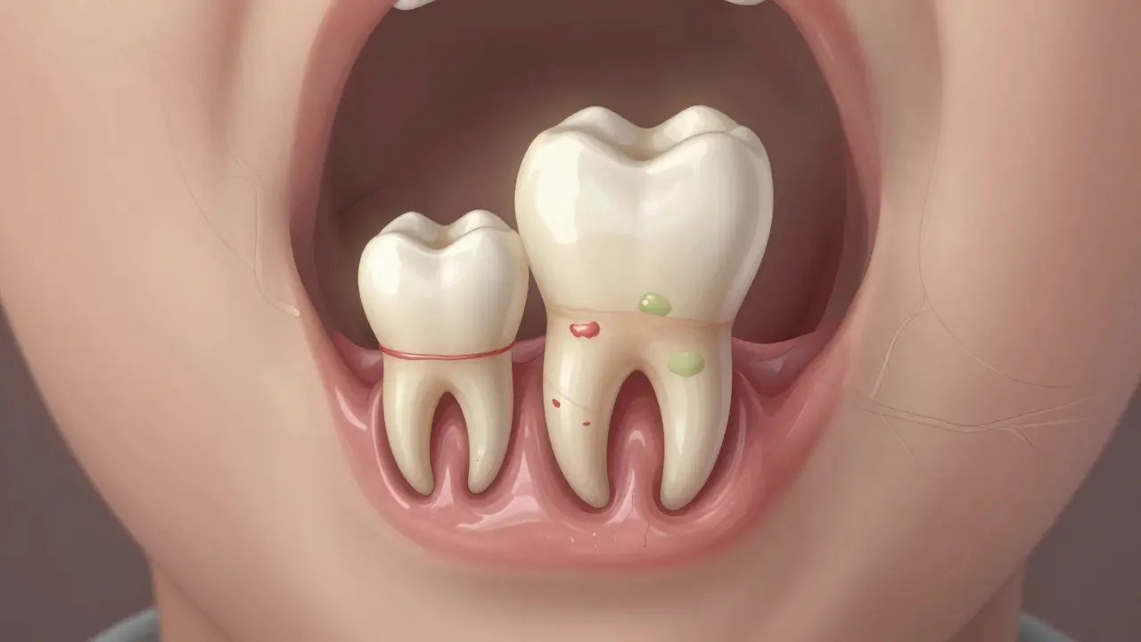 Křížový řez čelisti s trvalým zubem blokovaným zubním kamenem a mléčným zubem.