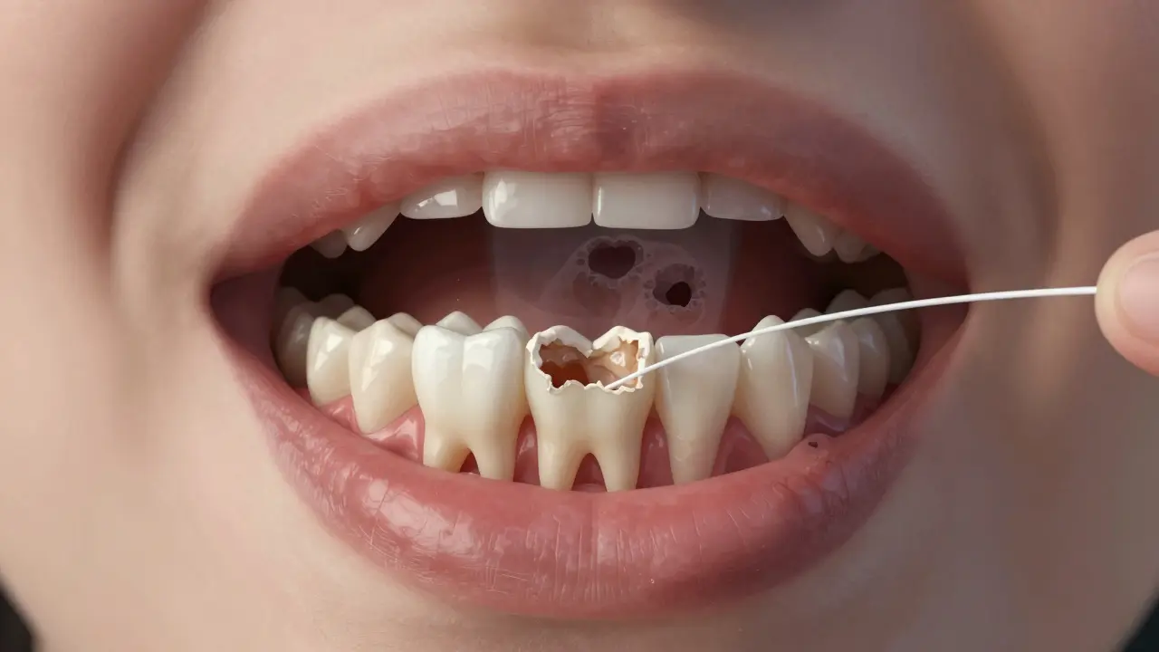 Křížový řez úst s bakteriemi mezi zuby a nití, která bojuje proti destrukci skloviny.