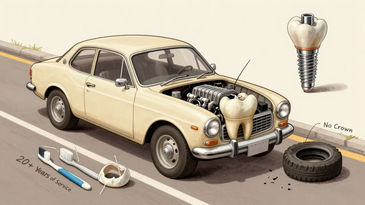 Metaforická ilustrace zubu bez nervu jako auta s novým motorem a ochrannými nástroji.