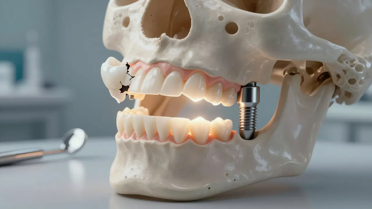 Obrázek čelisti s třemi typy náhrad: falešný zub, most a implantát.