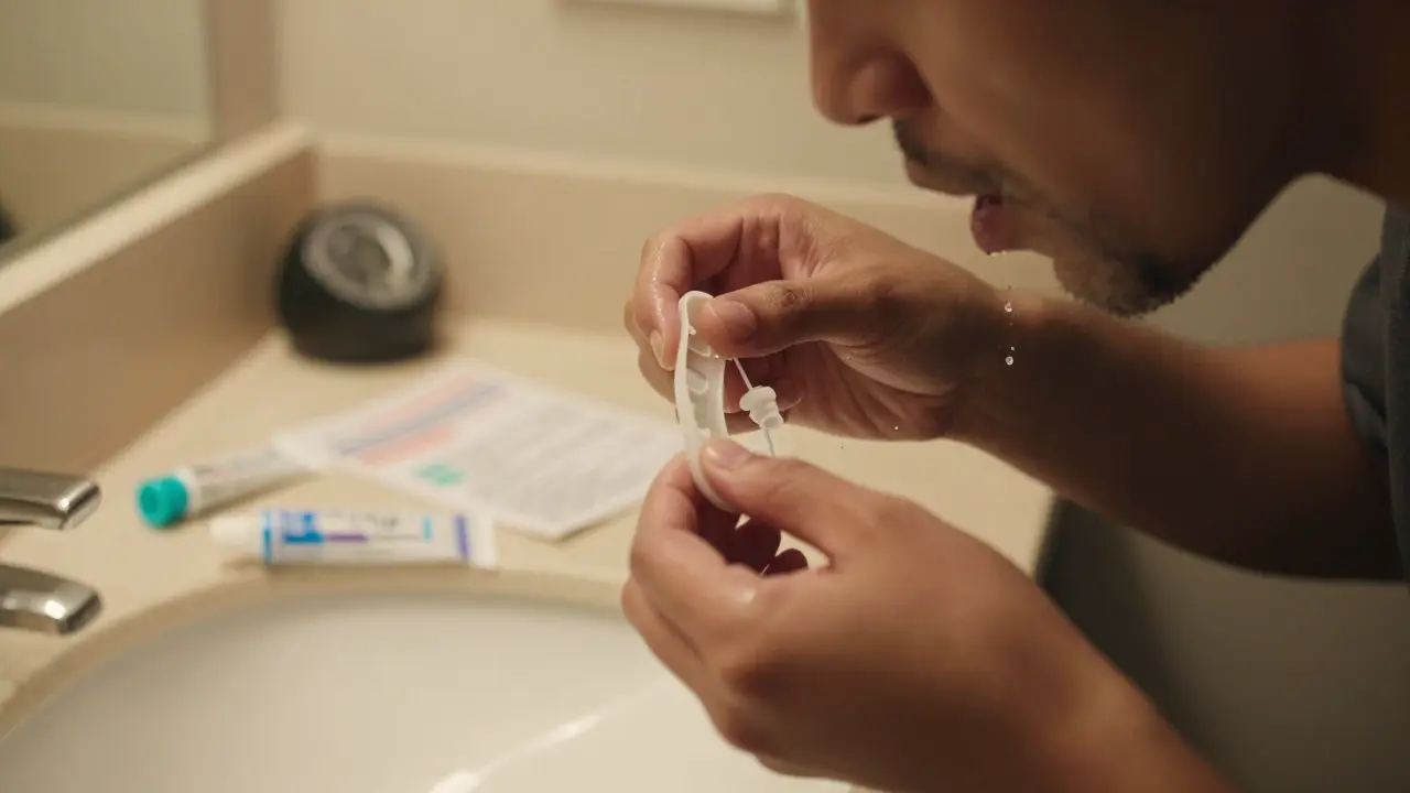 Osoba doma vykonává otisk zubů s výrobním kitem.