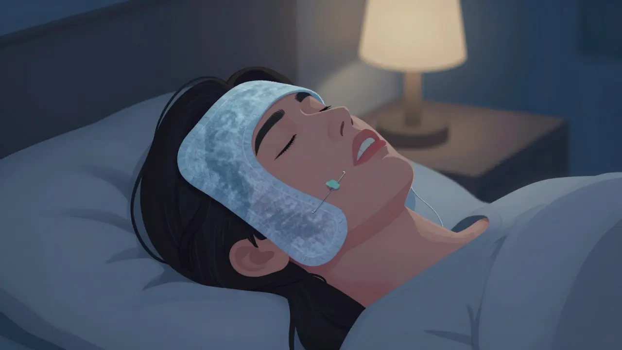 Osoba leží v posteli s chladným obkladem pod čelistí a voskem na rovnátkách v klidné noční atmosféře.