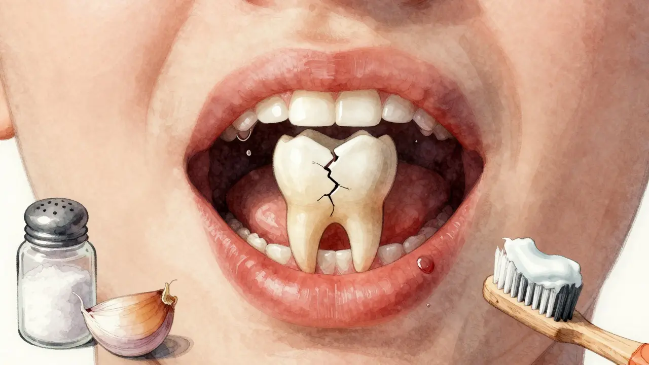 Pohled do úst s poškozeným předním zubem a přírodními prostředky pro úlevu.