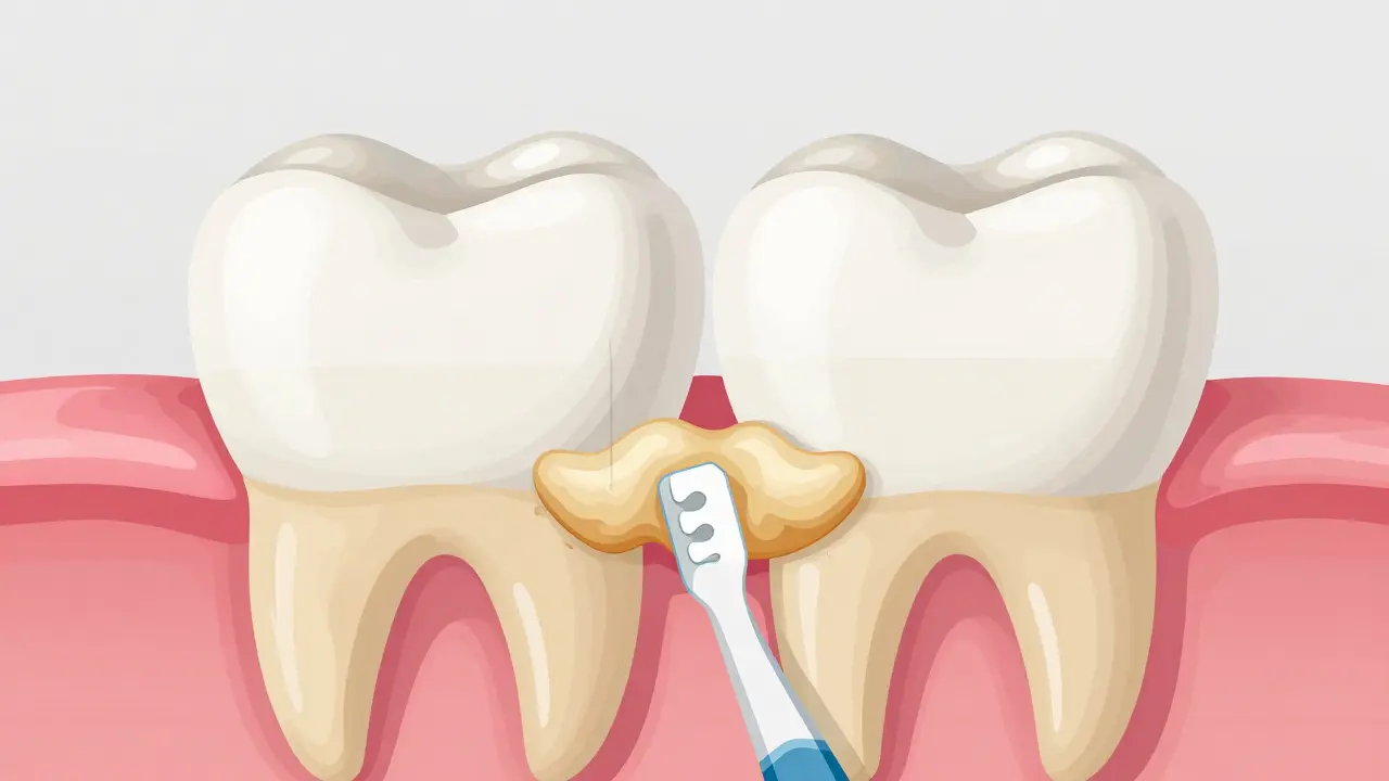 Přehledový nákres plaku a mezizubního kartáčku mezi zuby.