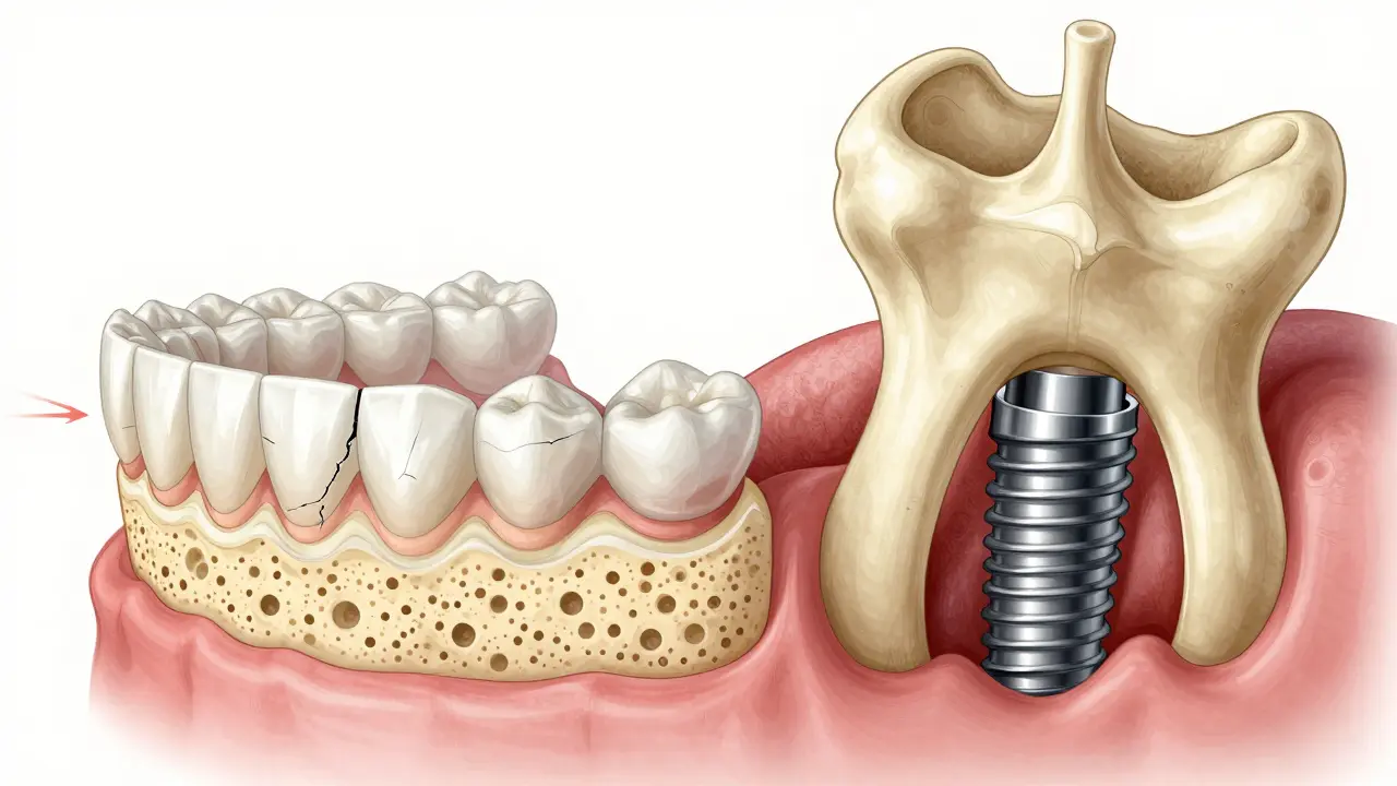 Příčný řez čelisti ukazující rozpad kosti pod protézou a zdravou kost při implantaci, s výraznými anatomickými detaily.