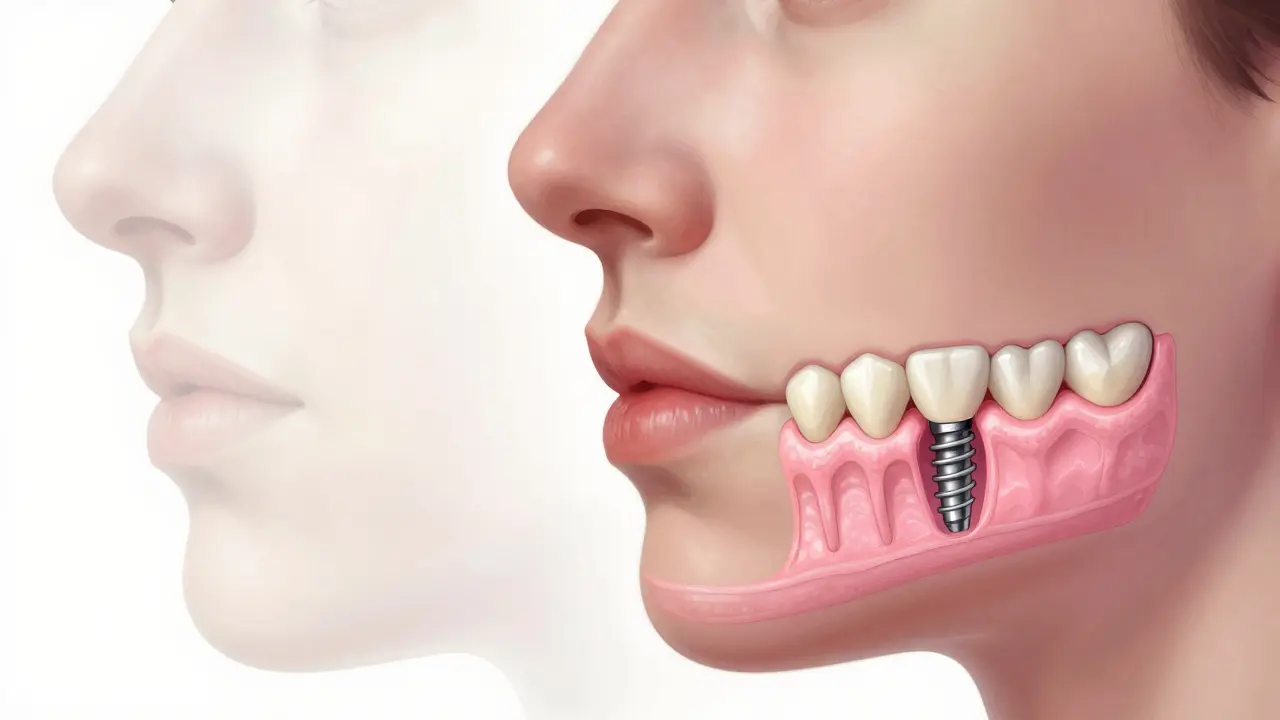 Profyl člověka s průřezem kosti a zubním implantátem, který obnovuje tvar čelisti a tváře.