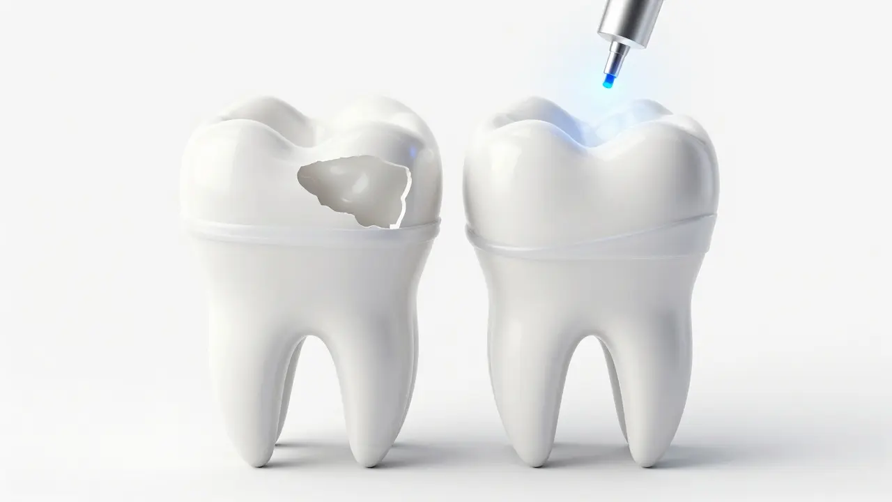 Průřez zubem před a po léčbě overlayem: poškozený zub vlevo, obnověný s převislým kompozitem vpravo.