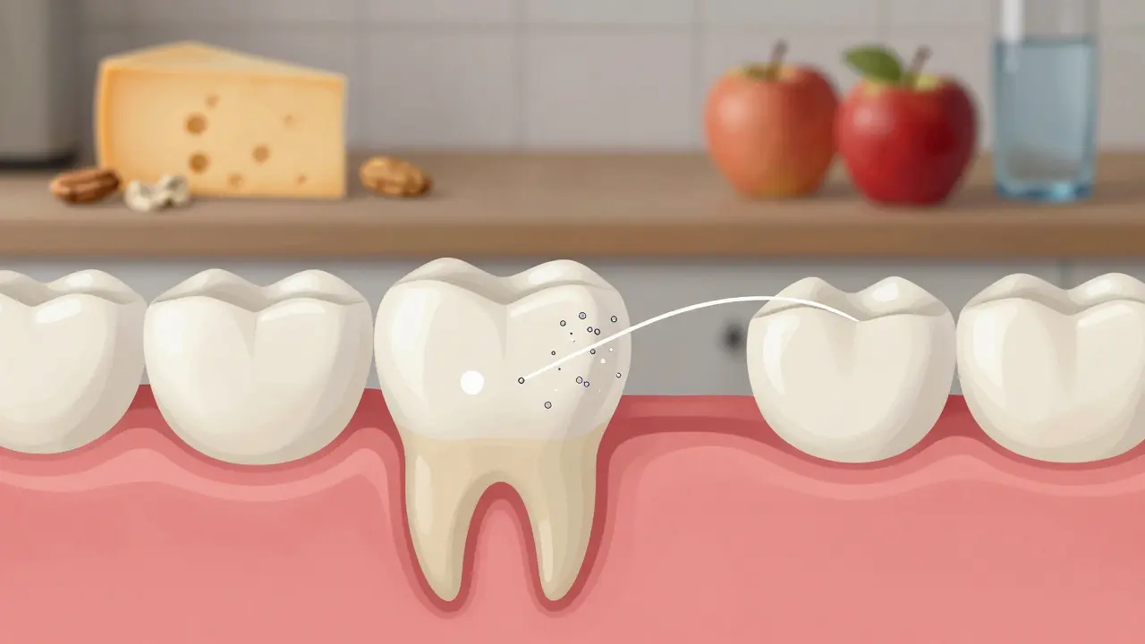 Průřez zubu s opravou sklovinky fluoridem a mezi zubní nití.