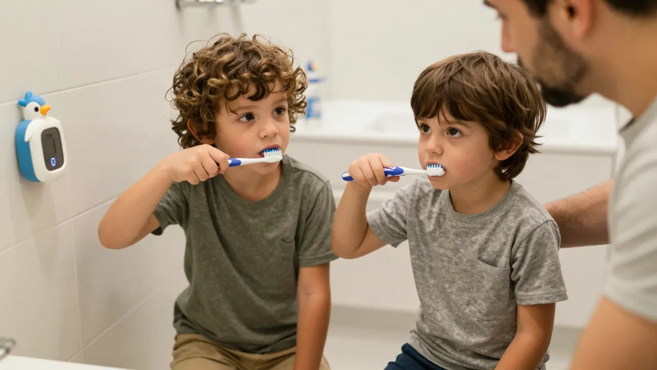 Rodič a dítě společně čistí zuby na podlaze koupelny, kartáček je dobře vidět v dětské ruce.