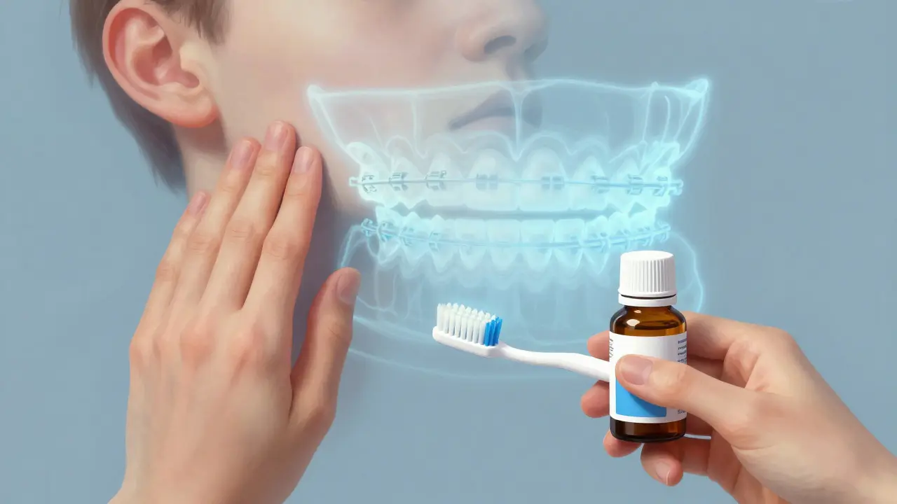 Ruka masíruje čelist, drží lék a měkký kartáček, s jemným zábleskem rovnátek na pozadí.