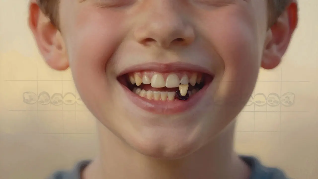 Silueta dítěte se šikmo vyrůstající stoličkou vedle zbytku mléčného zubu.