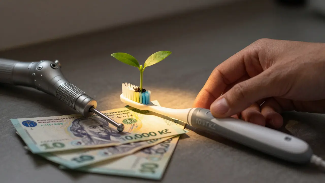 Sonický kartáček stojí vedle peněz a zubního vrtáku, symbolizující úsporu nákladů na léčbu.