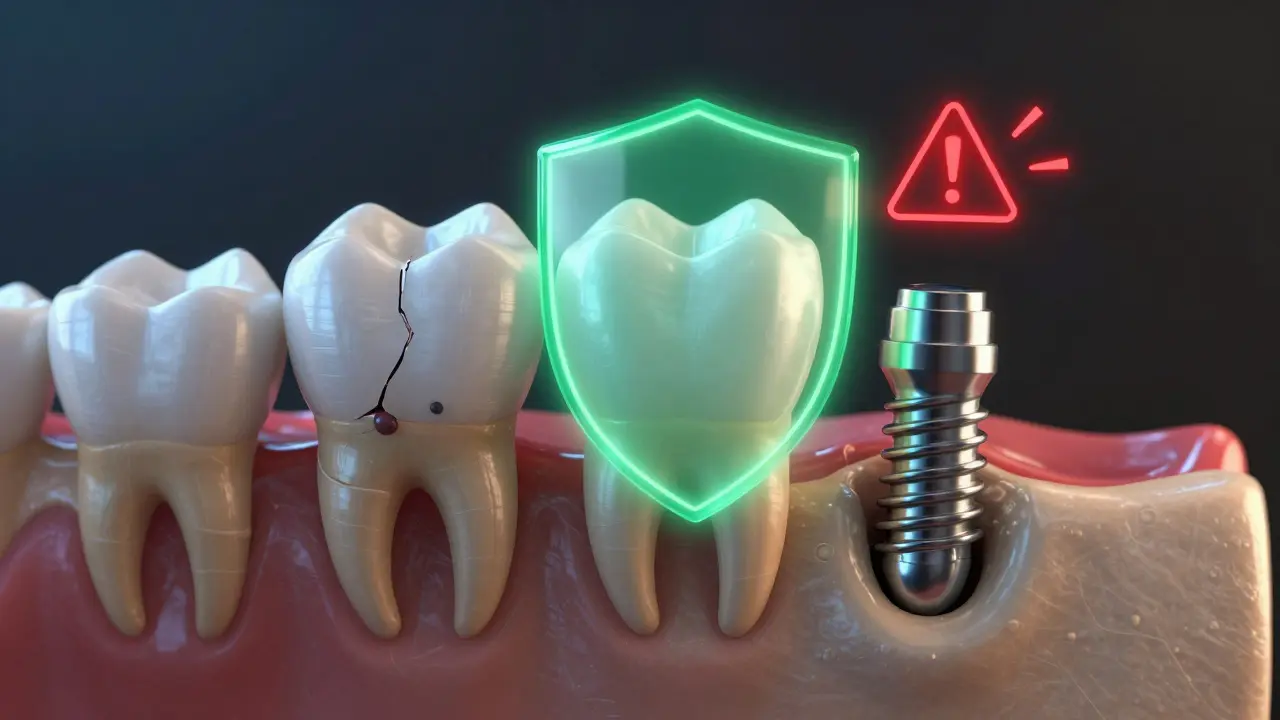 Srovnání zubu s poškozenou korunkou, zdravým zubem a implantátem v čelisti.