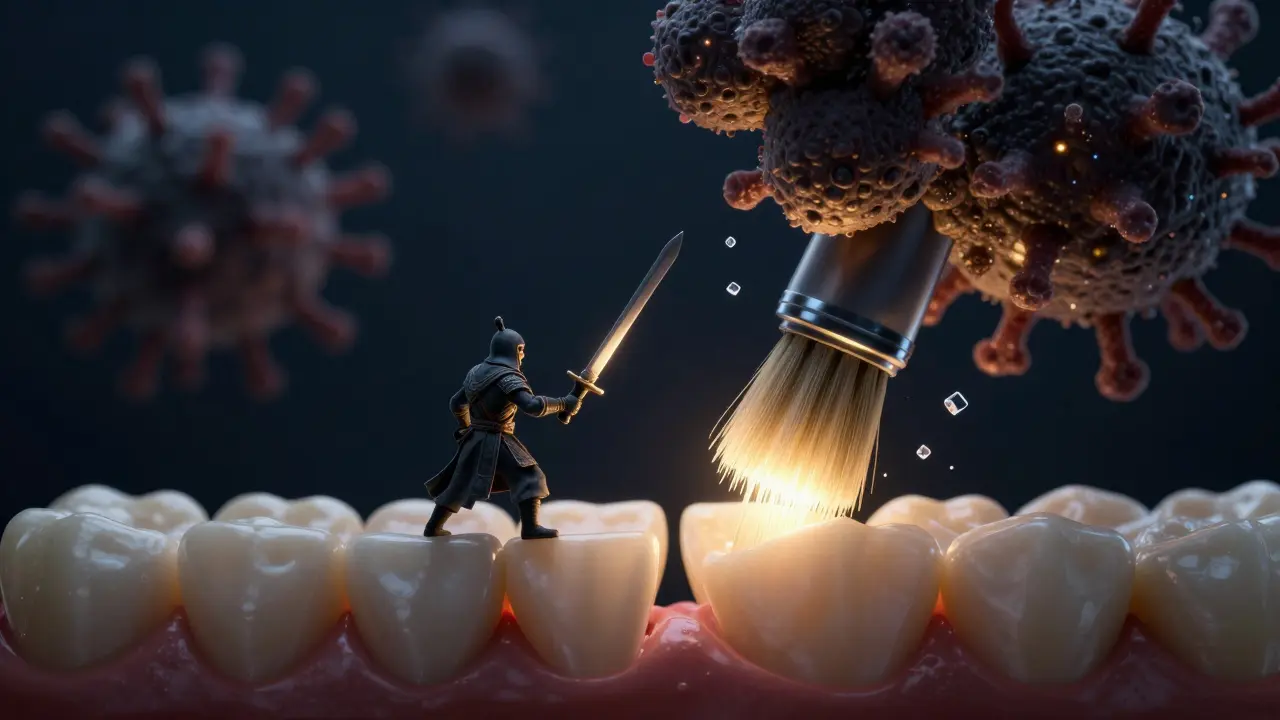 Symbolická scéna boje mezizubního kartáčku proti bakteriím.
