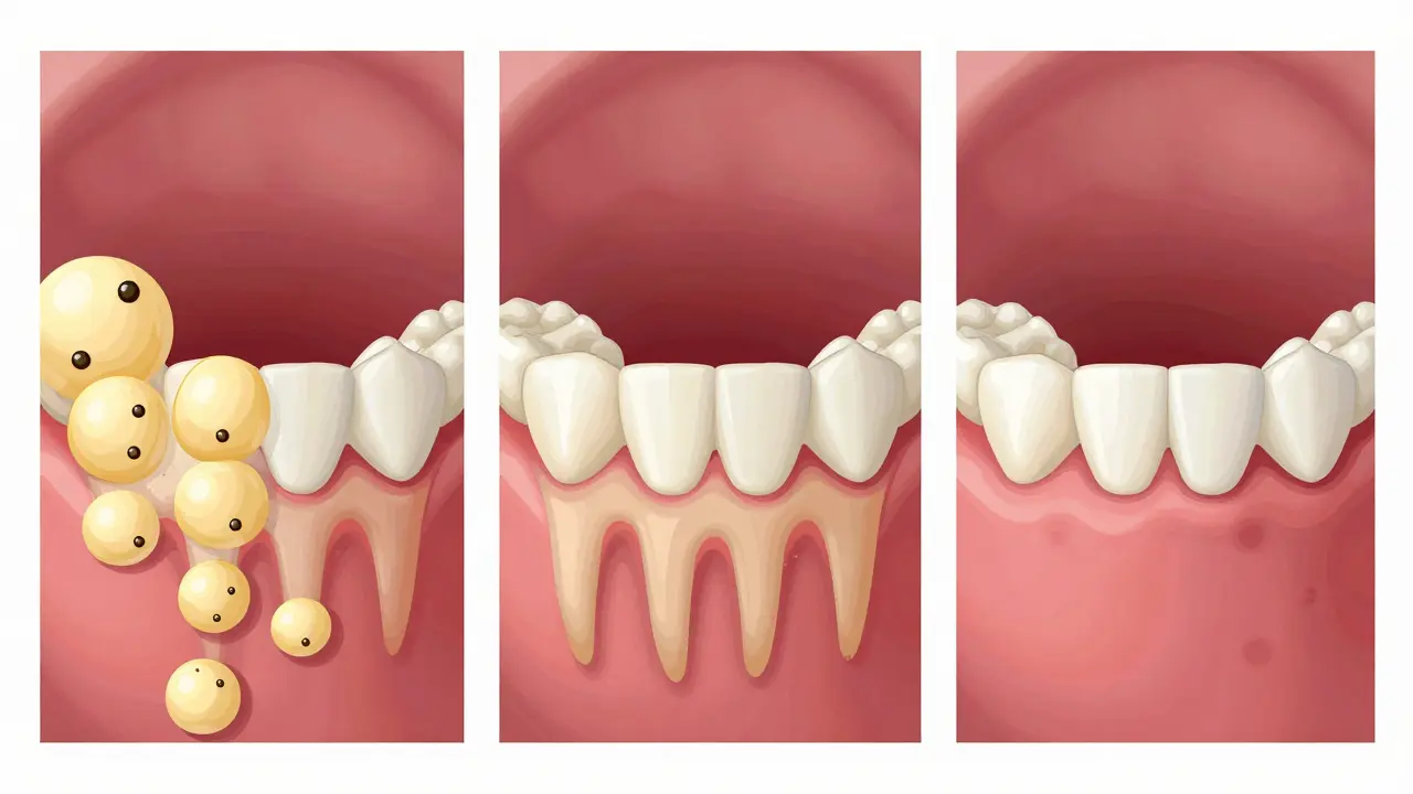 Tři obrazové fáze: plak se mění v zubní kámen a způsobuje zánět dásní, vývojová řada.