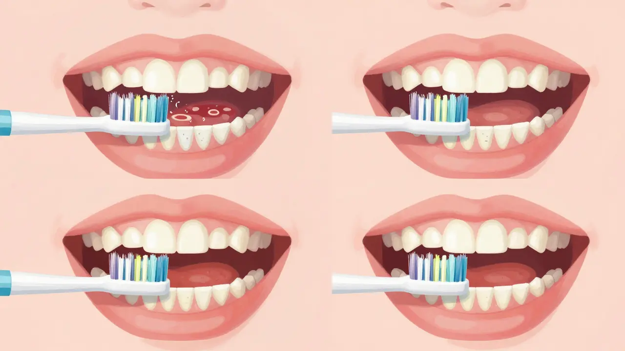 Vnitřní pohled na dětské ústní dutiny s časovačem, který signalizuje každých 30 sekund, jemné štětce odstraňují plak.