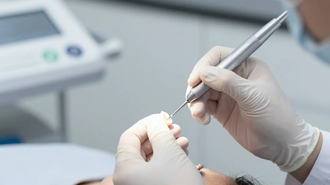 Zubní lékař aplikuje kompozitní materiál na zub v moderní klinice.