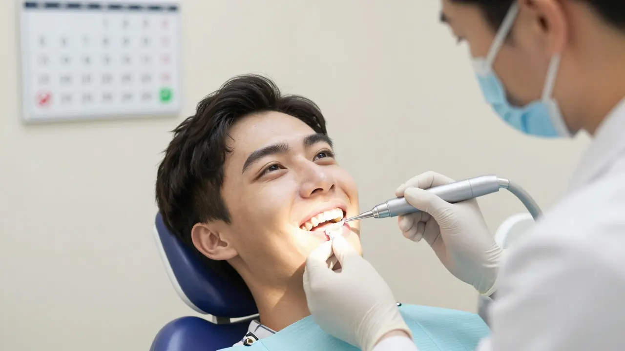 Zubní lékař aplikuje těsnění na zub bez vrtání, pacient je klidný.