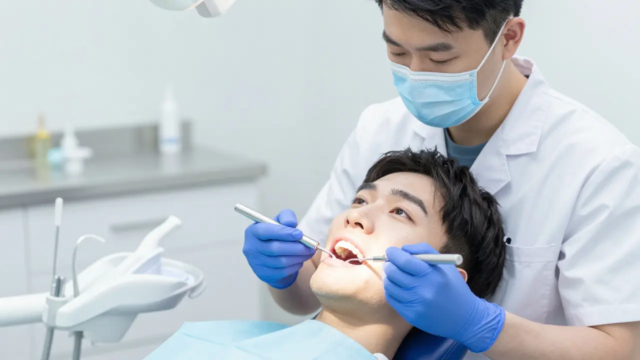 Zubní lékař čistí zuby pacienta v profesionální péči.
