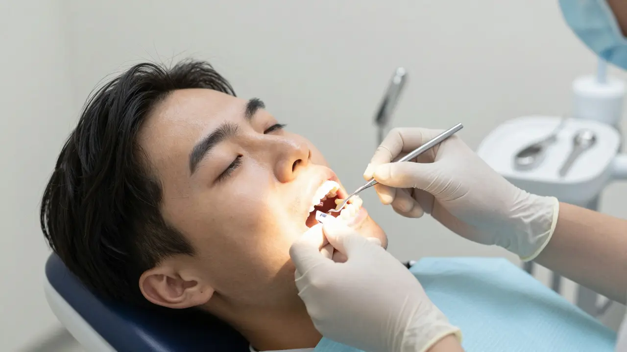 Zubní lékař přizpůsobuje částečnou protézu v ústech pacienta v klinice.