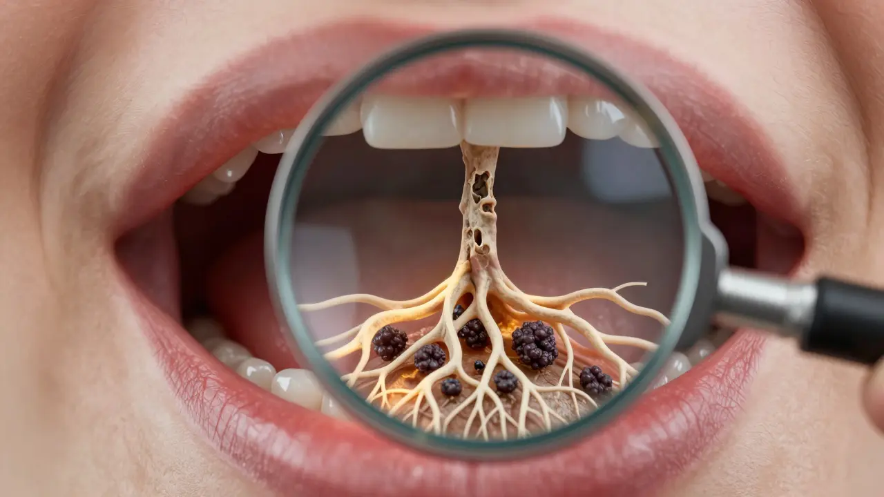 Zvětšený pohled na poddásňový kámen šířící se do kosti s bakteriálními koloniemi.