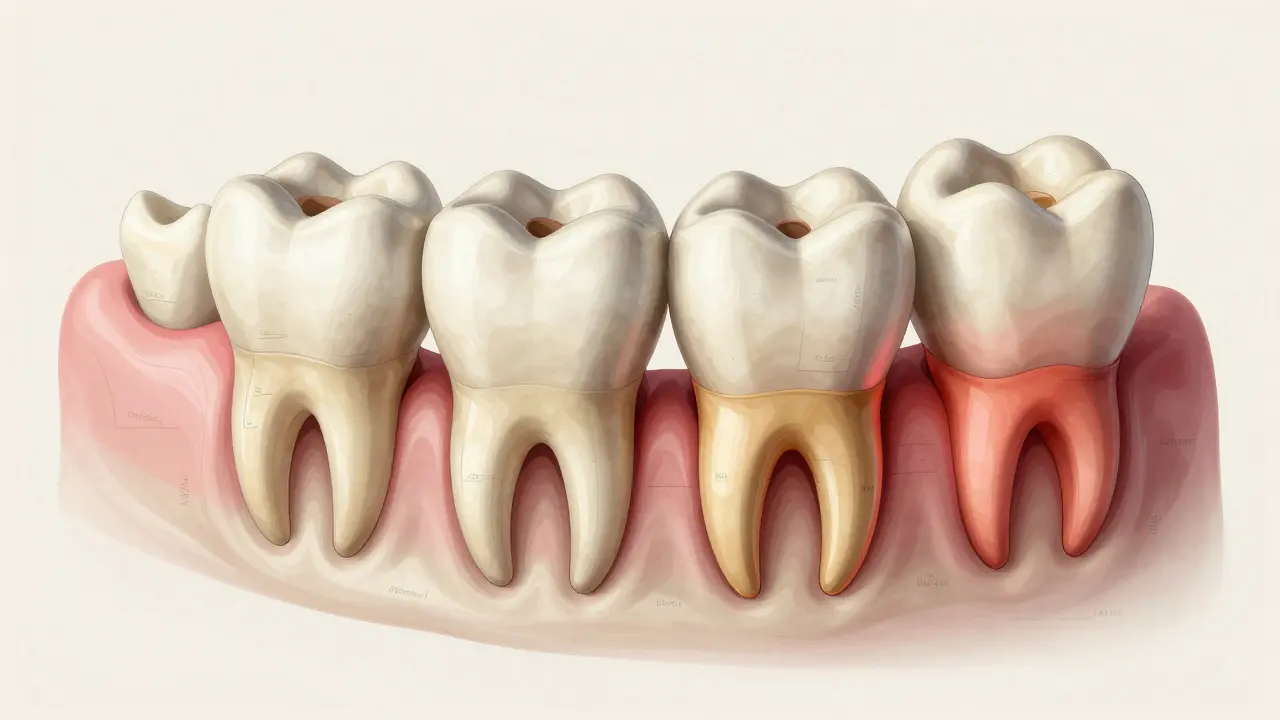 Anatomical illustration of wisdom teeth emerging at different angles in a jawbone.