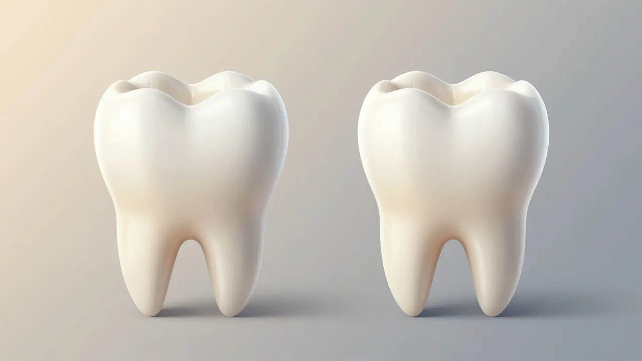 Before and after comparison of a front tooth with uneven edge smoothed to natural shape.