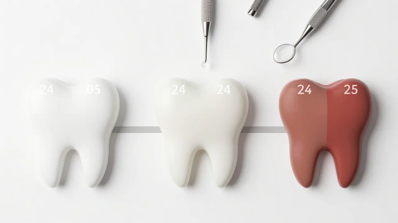 Časová osa 24 hodin po bělení zubů s bezpečnými a zakázanými potravinami