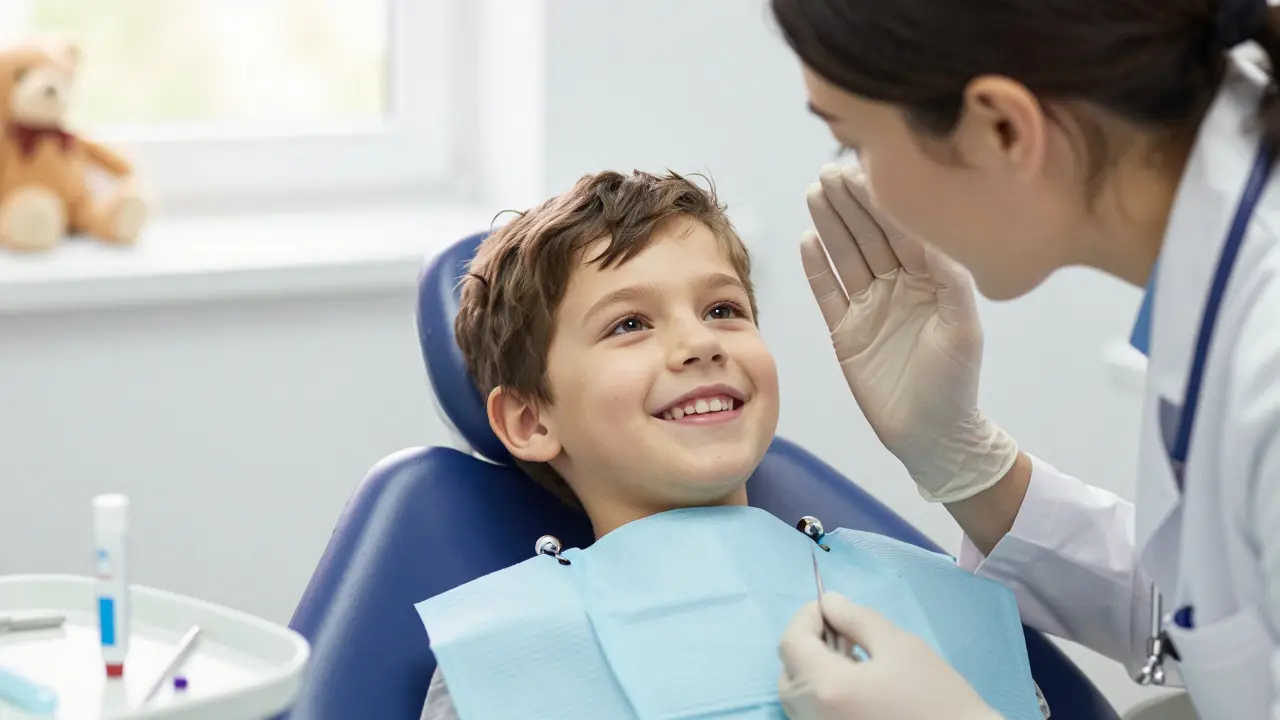 Child smiling in dental chair during a gentle anesthesia procedure.