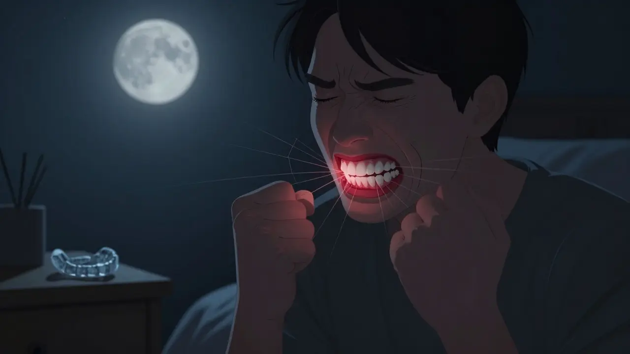 Člověk zatínající zuby v noci, s viditelnými napěťovými čarami v zubech a ochranným splintem na nočním stolku.