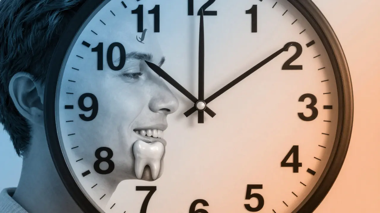 Conceptual image showing wisdom tooth removal timing with age markers and risks.