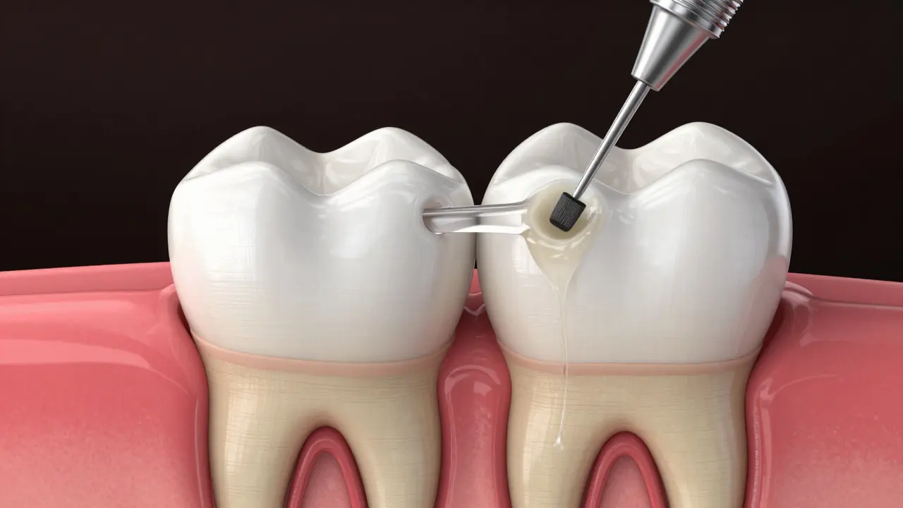 Cross-section of a tooth showing minimal enamel removal and protective sealant application.