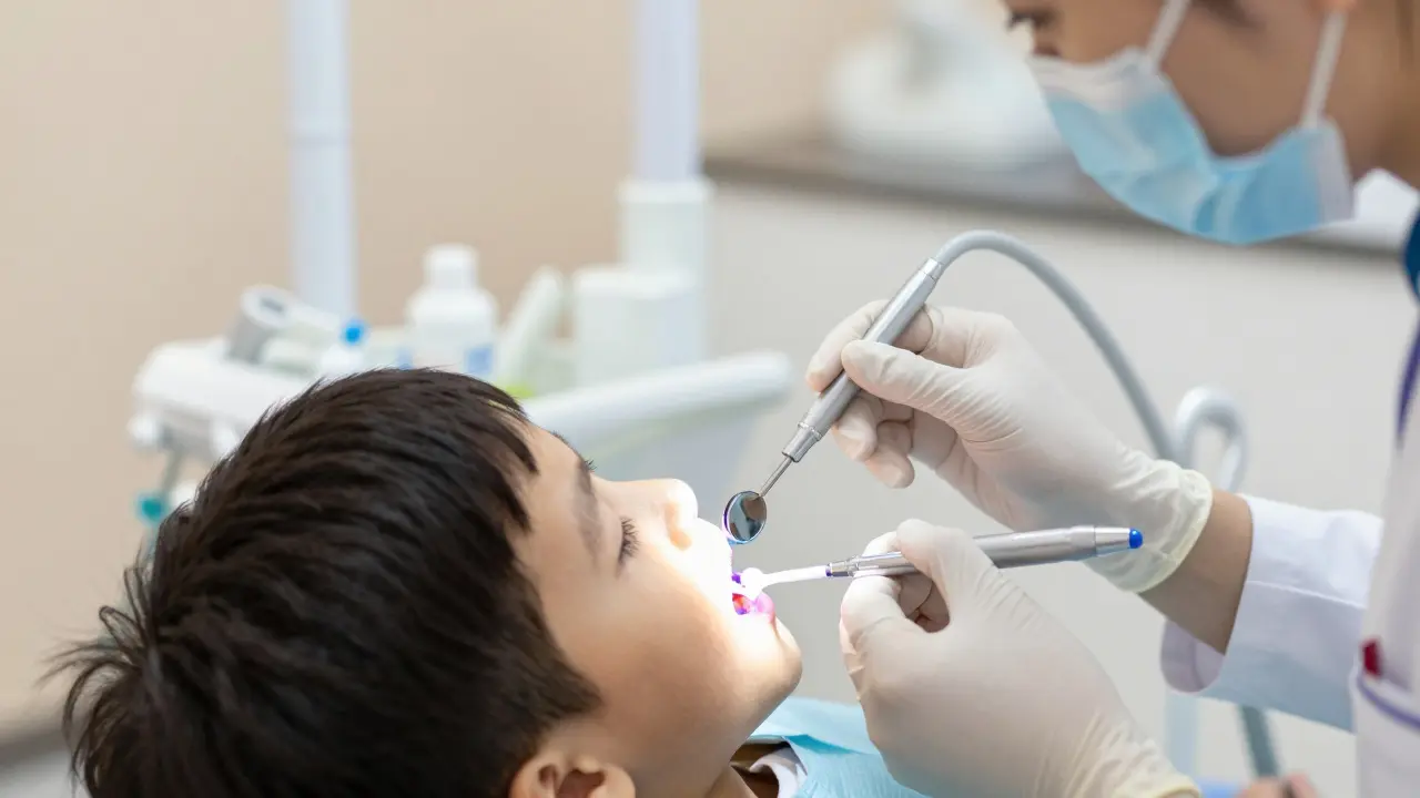 Dentista aplikuje remineralizační gel na dětské zuby pomocí mikroštětce a LED světla.